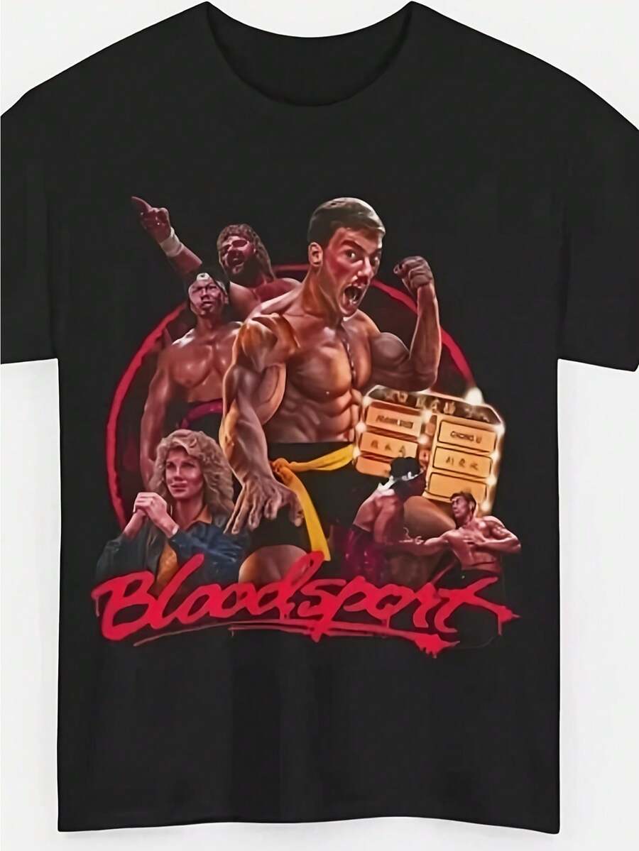 Men'S Bloodsport Jean-Claude Van Damme Action Movie Graphic T-Shirt - Retro 80s/90s Martial Arts Tee With Bloodsport Logo & JCVD Design - Loose Fit Breathable Shirt For Gym Workouts, Cosplay & Casual Wear - Vintage Action Film Fan Apparel - 黑色 - 查看 1