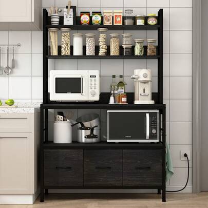 Estantería de panadería con toma de corriente, estantería de cocina independiente de 5 niveles con 3 cestas, soporte para horno microondas industrial, organizador de cocina con ganchos, estructura metálica, estación de café con estante de almacenamiento, mueble, color negro