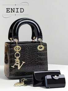 Crocodile Embossed High-Quality Mini Square Handbag, Shoulder Bag Set, Glossy Finish, Casual Versatile Crossbody Bag - Rose Gold - View 9