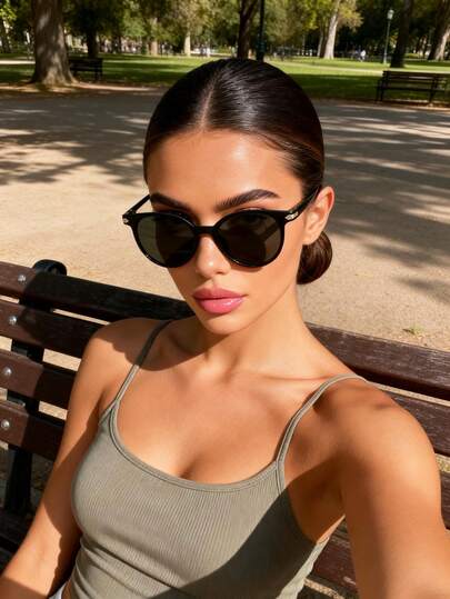 1 pieza Gafas de mujer con montura redonda de plástico, lentes tintadas hechas a mano, estilo básico, casual y moderno, para actividades al aire libre como golf, conducir, pesca, viajes y vacaciones, accesorio de moda