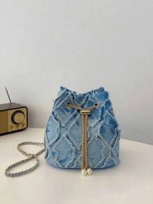 New Fashion Classic All-Match Solid Color Diamond Lattice Raw Edge Metal Drawstring Opening And Closing Design Shoulder Bucket Bag, Elegant Women's Wallet, Drawstring Fringe Shoulder Bag, Denim Bucket Bag, Women's Pearl-Embellished Drawstring Chain Crossbody Bag, Luxury Women's Crossbody Bag, Fashionable Denim Single-Shoulder Tote With Chain Strap And Diamond-Patterned Linen Trim, Wearable Crossbody Or Underarm Carry, Multi-Pocket Design, Oversized Relaxed Hobo Bag With Adjustable Strap, Pearl Rhinestone Bucket Bag, Elegant Evening Clutch, Travel Tote, Niche-Design Commuter Handbag, Distressed Fringe Shoulder Bag, Quilted Distressed Fringe Cylindrical Tote, Drawstring Tote Casual Women's Bag. Perfect For Shopping, Commuting, Parties, And Gatherings. Christmas, Thanksgiving, Cyber Monday Holiday Gifts. Velvet Party Bags For New Year's, Winter, And Snow Season. Year-End Promotions. Warm, Plush, Fur-Lined Styles.End-Of-Year Stocking Stuffers Christmas Gifts - Blue - View 9