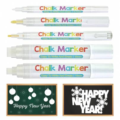 5pcs White Liquid Chalk Markers (0.7mm/1.0mm/3.0mm/10mm/15mm Tip), Suitable For Blackboard, Plastic, LED Display, Glass, Whiteboard, Ceramic, Stone, Metal Marking
