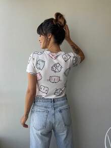 Women's Basic T-Shirt, Crew Neck,  Blouse, Printed Suplex Knit - 小貓 - 查看 5