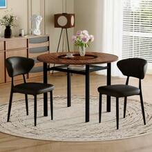 Modern Minimalist Round Table Set (With 2 Black Polyurethane Armchairs With Curved Backs), 100 Cm Diameter Round Table With Wood Look, Suitable For The Dining Room And Kitchen. - Black - View 3