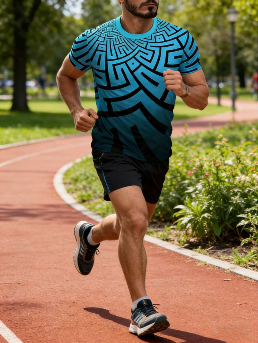 3D数码印花渐变蓝至藏青色迷宫图腾图案宽松圆领卫衣，适合街头服饰、派对和日常通勤，展现独特的几何美学和个人风格。 - 彩色 - 查看 1