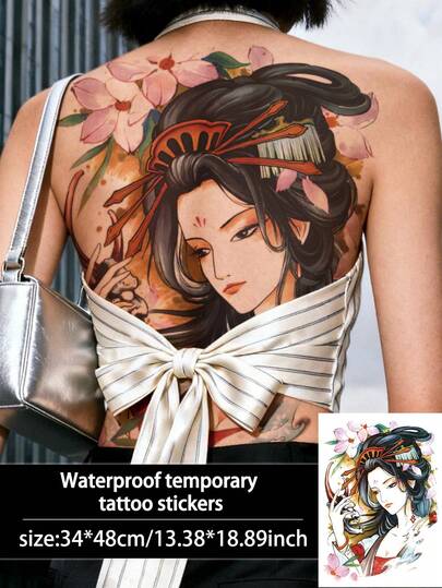 1Pc Back Tattoo Fake Temporary Tattoo Geisha Japanese Traditional Colorful Waterproof Sweatproof Disposable For Women And Mem Face, Arm, Waist, Chest, Leg, Abdomen, Neck, Hand, Finger, Back For Dancing Party Stage Performance Modernist Body Art