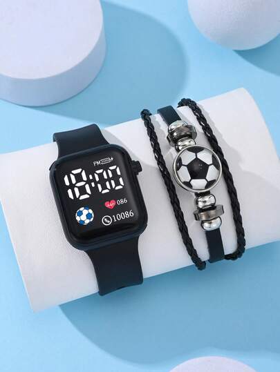 2 Pcs Fashionable Square LED Children's Watches With Digital Time Display, Suitable For Boys And Girls. These Electronic Watches Are School Supplies, Paired With Handmade Football Wristbands, Suitable For Daily Life, Sports, School, Gatherings And Travel. They Are The Perfect Gifts For Friends, Birthdays, And Graduation Seasons. Suitable For Both Men And Women.