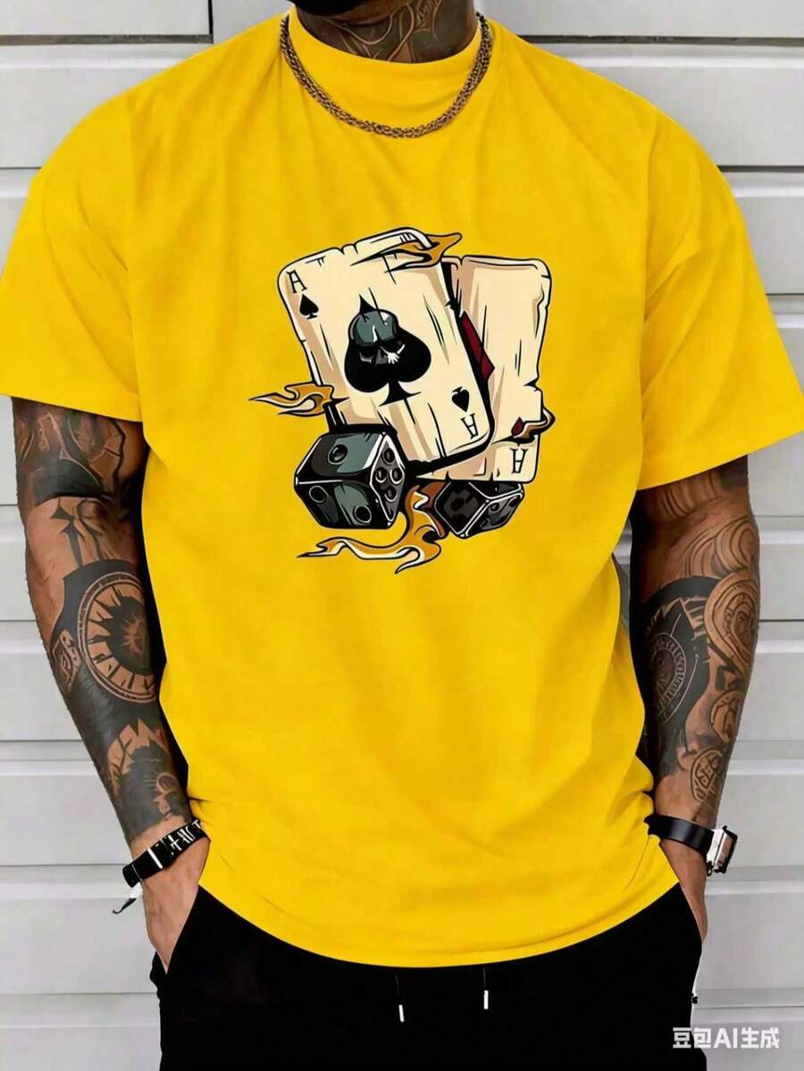 (220 Pure Cotton T-Shirt) Summer Round Neck Short Sleeved Casual Pure Cotton Poker-White And Navy Off-The-Shoulder Cropped Top ,Unisex Style - 黃色 - 查看 1