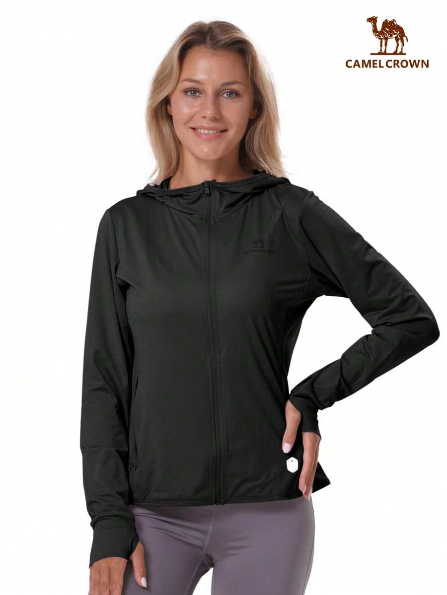 CAMEL CROWN Chaqueta deportiva para mujer con protección UPF 50+, camisa con capucha ligera para exteriores con mangas largas y bolsillos, cortavientos para senderismo - Negro - Ver 1