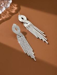 1 par de pendientes largos con flecos plateados y llenos de brillantes rhinestones para uso diario de las mujeres - 1467 - Ver 4