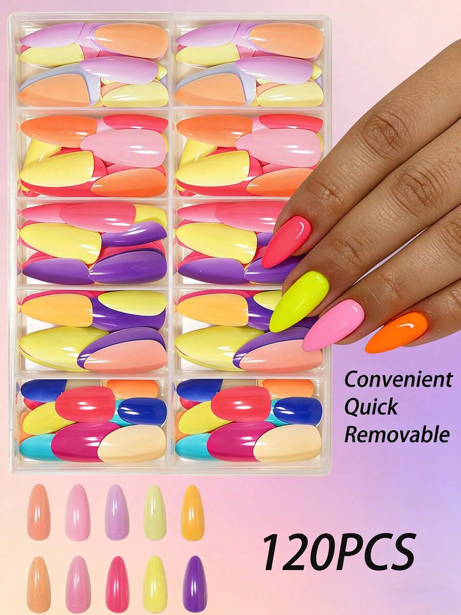 Instantly Upgrade Your Look With 120pcs Almond Shape Press On Nails Cute Nude Pink Elegant Pink Classic Purple Fresh Yellow Chic Orange Fake Nails Rose Pink Luxurious Deep Purple Fake Nails Full Cover False Nails Tip For Women And Girls - Multicolor - View 1