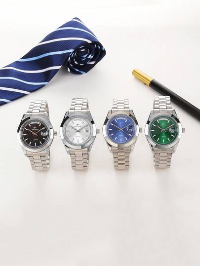  RICECGO 1件装时尚商务男士手表，不锈钢石英表，带日期和星期显示