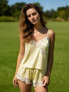 Womens 2 Piece Pajamas Set Cute Sleeveless Lace Trim Tops + Shorts Set Lounge Clothes - Yellow - View 10