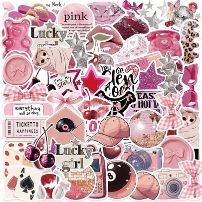 50 piezas Pegatinas retro vintage de estética Downtown Pink Y2K, románticas, de anime, dibujos divertidos, decoración navideña, para maletas, equipaje, fiestas y regalos