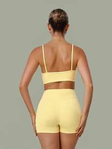 2 PCS CO Ord Set Women's Classic Spaghetti Strap Backless Sports Bra And High Waist Deep V Butt Lift Line Running Fitness Cycling Short - Yellow - View 8