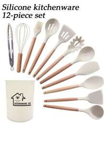 12pcs Silicone Kitchen Utensil Set With Wooden Handles, Non-Stick, Dishwasher , Cooking Essential Includes Spatula, Whisk, Tongs, Ideal For Holiday Cooking And Daily Use - Multicolor - View 10