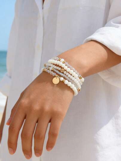 5件套时尚、性感、创意、优雅串珠吊坠叠戴手链套装，适合女性日常休闲、派对、音乐节、海滩度假等场合佩戴。