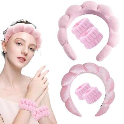 1 pieza Diadema de terciopelo rosa + 2 piezas Muñequeras, Adecuado para spa, cuidado de la piel, maquillaje, lavado de cara y peinado diario, Accesorios rosas, Diadema, Aro para el cabello Accesorios para el cabello