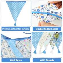 DG2PLUS 10.8Ft Cotton Triangle Bunting Banner 12pcs Blue Floral Fabric Pennant Flags With Tassels Double-Sided Fabric Banner Garland For Wedding Birthday Baby Shower And Nursery Decor - 藍色 - 查看 3