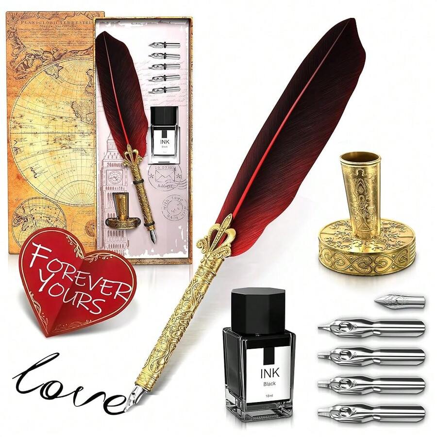 Classic Goose Feather Pen And Ink Set - Old Fashion Red Feather Quill Pen And Ink Set With Stainless Steel Nib For Calligraphy Practice, Drawing & Signatures - Thoughtful Writer Gifts - 紅色的 - 查看 1