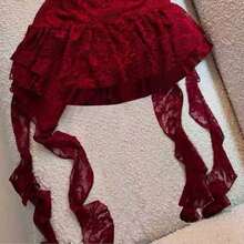 Vestido mini con escote en V, encaje calado y capas, con tirantes finos y espalda descubierta, elegante y sexy para mujer - Burdeos - Ver 3