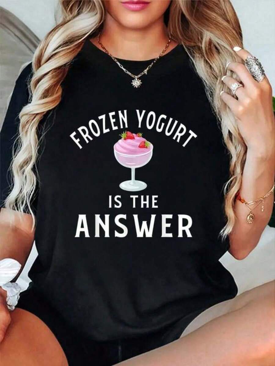 Men'S Print Color-Blocked Graphic T-Shirt100% Cotton Frozen Yogurt Apparel - Cute Funny Yogurts Lover Design T-Shirt Short Sleeve Round Neck Casual Top For Summer & Spring, Women's Men's Graphic Tee Whimsical Spring & Summer Vacation Tops - Adorable Tees For Holiday Celebrations,And  Y2K Outfits - Black - View 1