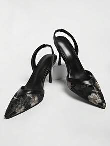 New Chinese Style White High Heel Mules, Pointed Toe Lace Embroidery Convertible Sandals For Women - Black - View 6