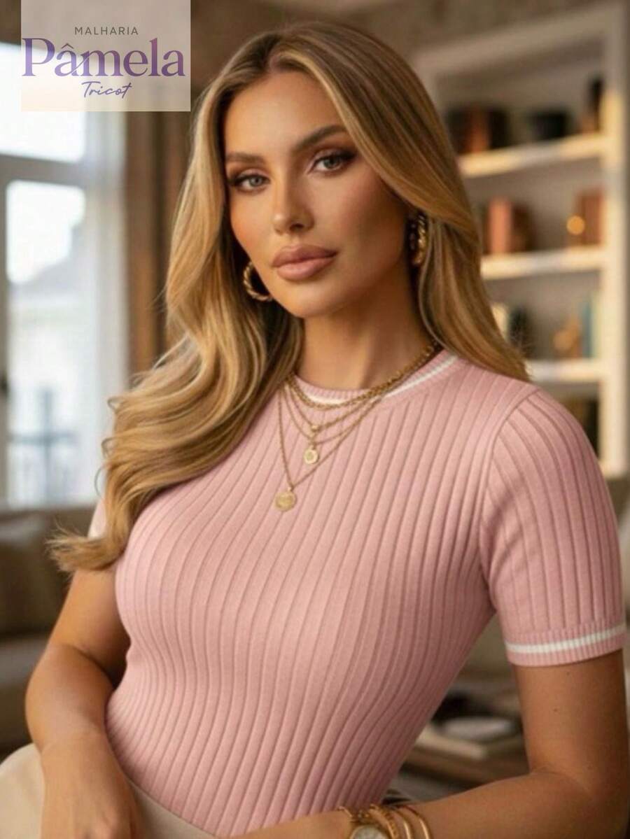 Women's Modal Knit Blouse With Striped Detail, Round Neck, Short Sleeves, Summer Fashion Knit Top - Rosa - Xem 1