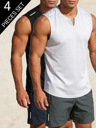 Men's 4-Piece Spring & Summer Gym Sets, Quick Dry Sleeveless Tank Tops & Athletic Shorts, Lightweight Gym Clothes Men For Running Training Beach