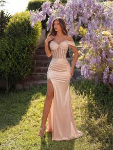ADYCE Women's Elegant One-Shoulder Mesh Patchwork High-Waist Ruffle Slit Backless Tie Formal Dress, Suitable For Prom, Wedding Guest, Homecoming, Date Night, Formal Dinner, Birthday Party, Holiday Party, Family Gathering And Other Occasions, Valentine's Day Spring - Champagne - View 3