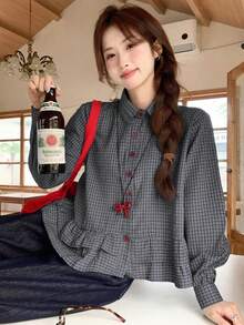 女士春夏蓝色格子荷叶边拼接衬衫，新款休闲通勤长袖露脐上衣，适合秋季穿着，黑色 - 黑色 - 查看 4