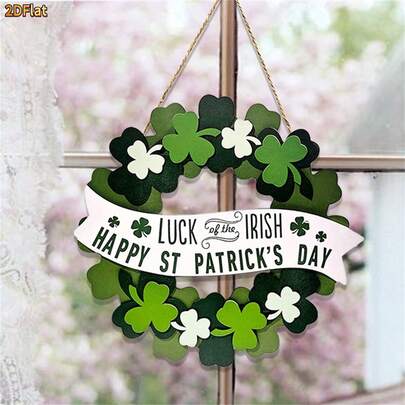 2D Flat, 1pc Happy St. Patrick's Day Welcome Sign, Green Clover Wreath Door Hanger, Home Wooden Plaque. Suitable For 11 Holiday Uses