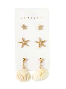 9对合金贝壳和海星耳环套装，沙滩风百搭日常佩戴及度假耳环，女士 - 彩色 - 查看 5