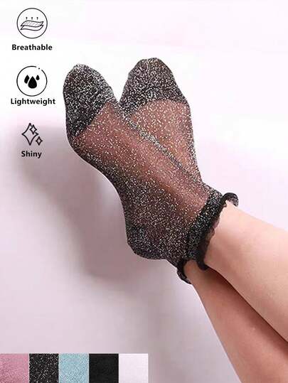 1PC Mesh Silver Glitter Lace Ankle Socks For Women, Thin Style For Spring & Summer, Fashion Socks For Daily Wear