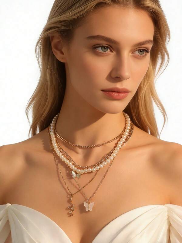 Juego de 5 collares con colgantes de mariposa y serpiente de metal elegantes, accesorios para mujer para uso diario, citas y fiestas