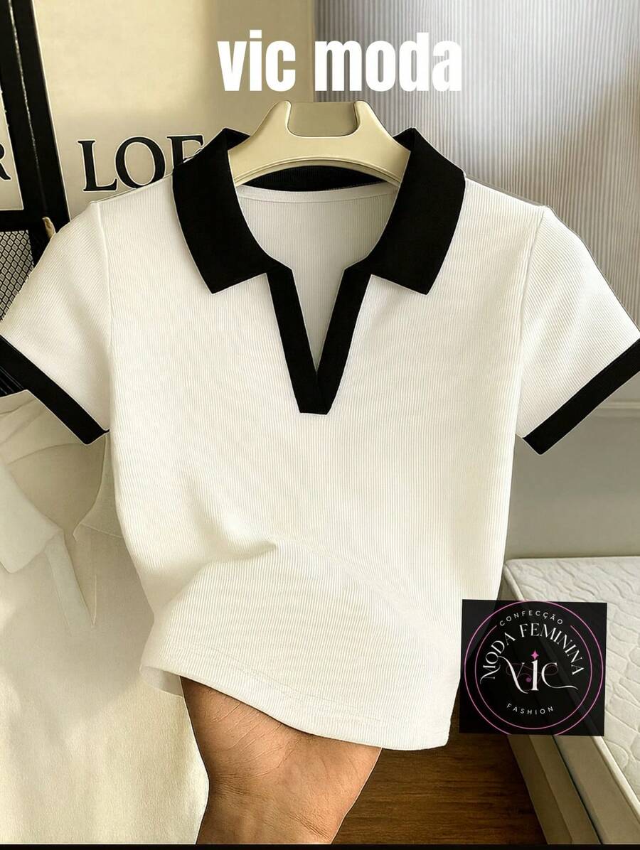 Women's Two-Tone Polo Shirt, Short Sleeves, Casual Cotton. - 白色米白色黑色領子 - 查看 1