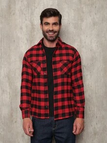 Men's Flannel Plaid Shirt, Long Sleeve Blouse - 紅色 - 查看 1