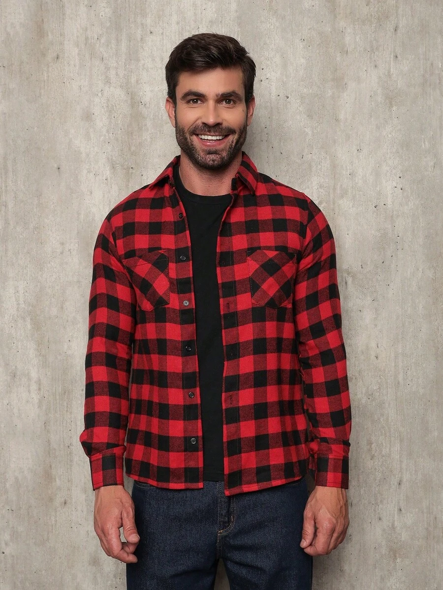 Men's Flannel Plaid Shirt, Long Sleeve Blouse - 紅色 - 查看 1