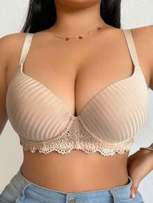 1 pieza Sujetador con aros para mujer de talla grande, lencería de talla grande cómoda y versátil con parches de encaje sexy y de soporte - Albaricoque - Ver 5