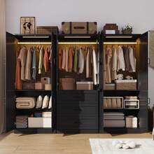 75" Tall Farmhouse 2/4/6 Doors Armoire Wardrobe Closet With Drawers And LED,Freestanding Closet Wardrobe Cabinet For Bedroom With Hanging Rod,Wooden Armoire Storage Cabinet With Adjustable Shelve - 黑色 - 查看 3