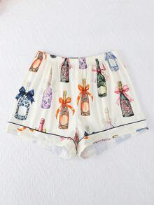 3pcs/Set Breathable Short Sleeve Pajama Set, Bow & Bottle Print, Women Sleepwear Set With Shorts & Long Pants, Lapel Button Short Sleeve, Comfortable Loose Fit For All Seasons - Apricot - View 10