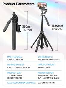 AXNEN 72英吋手機自拍棒三腳架，附三色補光燈，可伸縮可折疊支架，手勢控制，藍牙遙控與AI防抖穩定器，相容與Android智慧型手機，適合旅行、Vlog、影片/照片拍攝、夏季旅行、戶外活動、直播、聖誕與節日錄影 - 查看 12