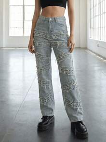 Womens Y2K 90s Vintage Streetwear Wide Leg Plus Size Distressed Denim Jeans With Side Pockets Elastic Design Frayed Hem Unique Fringe Detail Perfect For Festivals Celebrations Autumn Wear, Jeans Ripped, Vintage Clothes Women - Baby Blue - View 1