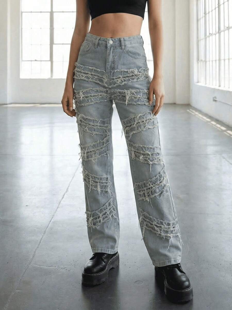 Womens Y2K 90s Vintage Streetwear Wide Leg Plus Size Distressed Denim Jeans With Side Pockets Elastic Design Frayed Hem Unique Fringe Detail Perfect For Festivals Celebrations Autumn Wear, Jeans Ripped, Vintage Clothes Women - Baby Blue - View 1