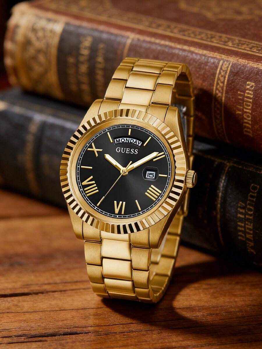 Guess 男士奢华金色不锈钢腕表，黑色表盘带日期显示窗，商务罗马数字腕表 GW0265G3 - 黑色 - 查看 1