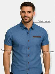 Men's Slim Fit Short Sleeve Denim Shirt, Cotton, Buttons, Premium Fit, Regular Fit - 淺藍色 - 查看 5
