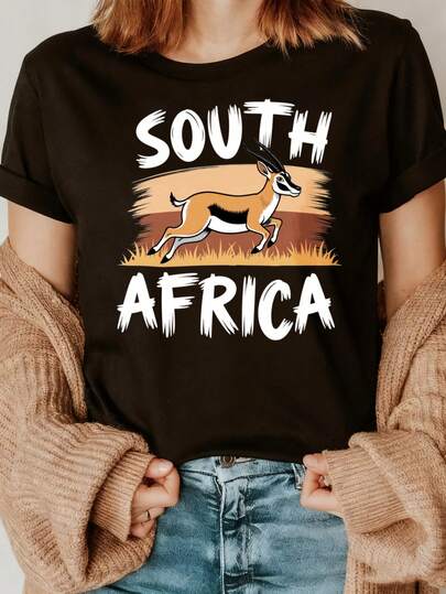 New Unisex Fashionable T-Shirt New Unisex Fashionable T-Shirt Women's South Africa Springbok Leap Graphic T-Shirt - Retro Loose Fit Short Sleeve Round Neck Casual Top With National Emblem & Rugby Design, Breathable All-Season Comfort For Game Day Outfits, Rugby Events & Casual Attire - South African Heritage Apparel, Springbok Fan Merchandise, Comfortable Fit For Women, Retro-Inspired H-Line Silhouette, Hand Wash Or Dry Clean, Vibrant Springbok Logo, Womens Tops And Blouses, Tops For Women, T Shirts For Women, Womens Tops Fun Printed Round Neck Short Sleeved T-Shirt Suitable For: Sports Events/Holiday Parties/Outings/Sports And Other Holiday Gifts Fun Printed Round Neck Short Sleeved T-Shirt Suitable For: Sports Events/Holiday Parties/Outings/Sports And Other Holiday Gifts