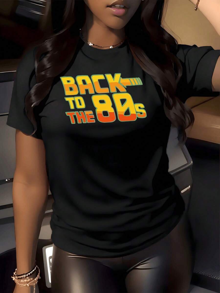 Texto retro que evoca la energía vibrante de los a?os ochenta con colores vivos y tipografía audaz simbolizando entusiasmo y juventud camiseta de mujer 220g casual moderna cómoda para uso diario - Negro - Ver 1