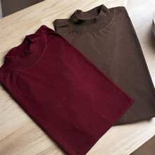 Kit 2 Camisetas Femininas Básicas Gola Alta Algodão Lisa Moderna Elegante Casual Confortável e Estilosa - kit2(marsala+marrom) - Visão 3