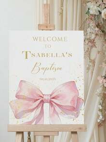 個性化粉色蝴蝶結歡迎牌 可客製文字與日期，優雅粉金配色，適用婚禮、生日、嬰兒洗禮、領聖體、訂婚、退休派對裝飾，耐用易掛，婚禮與活動裝飾牌 - 彩色 - 查看 8